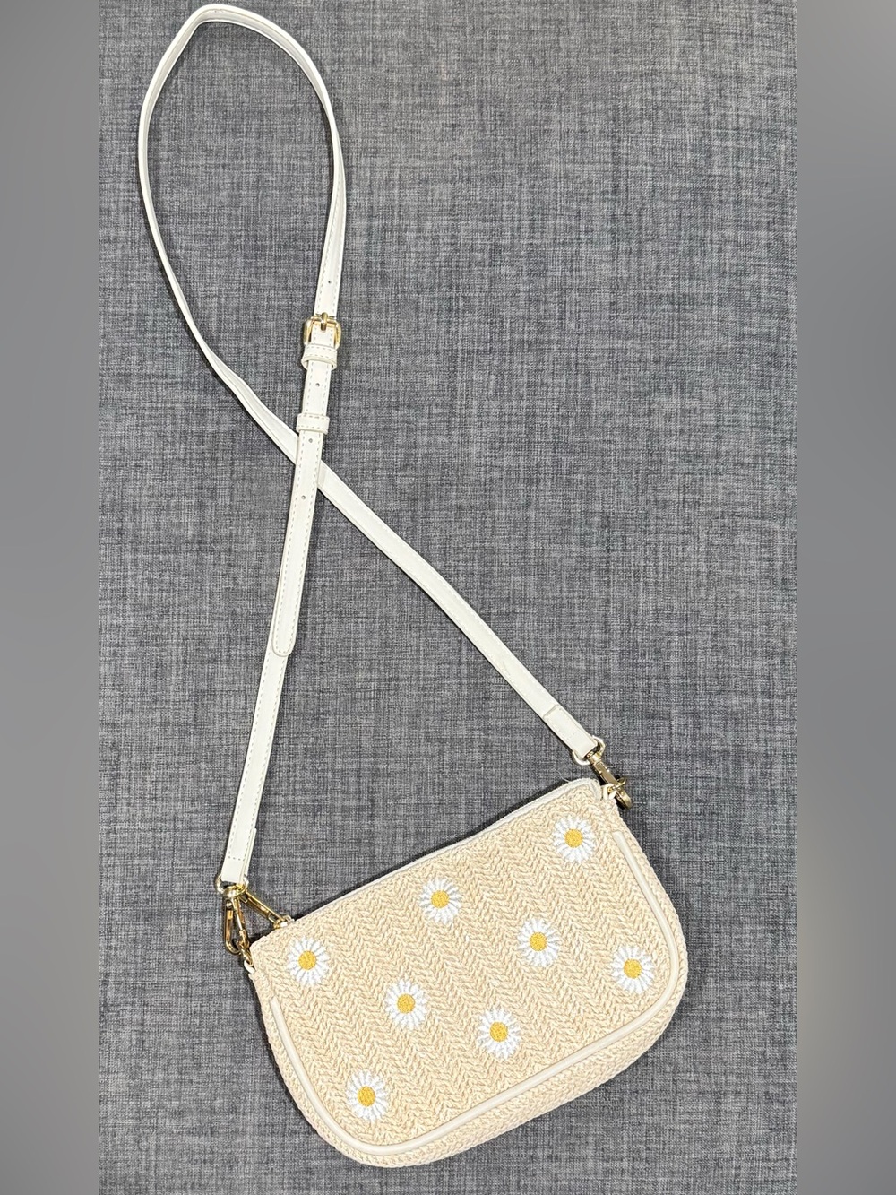 Daisy-Embroidered Woven Crossbody Bag